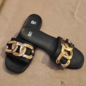 bp Black Slide Sandals with Chunky Gold Chain